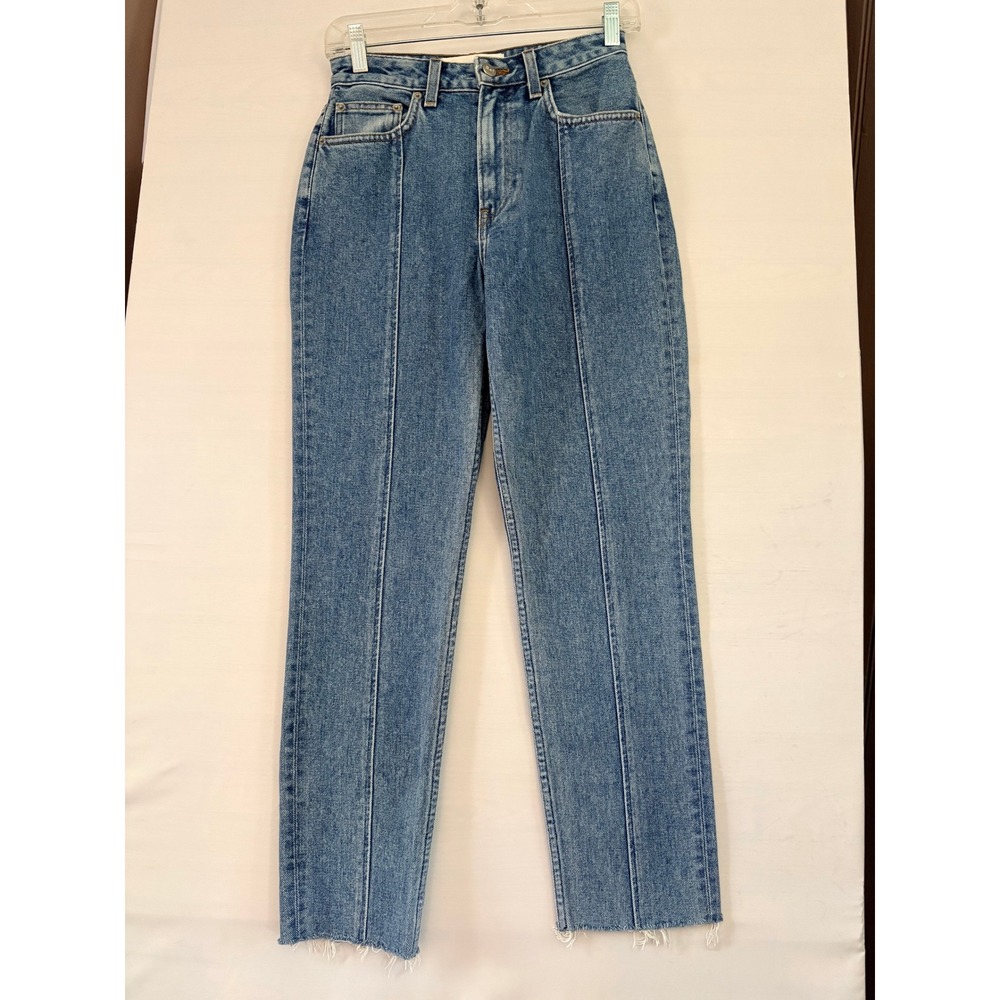 Reformation High Rise Straight Leg Seam Front Jeans Blue Denim Size 26 Raw Hem